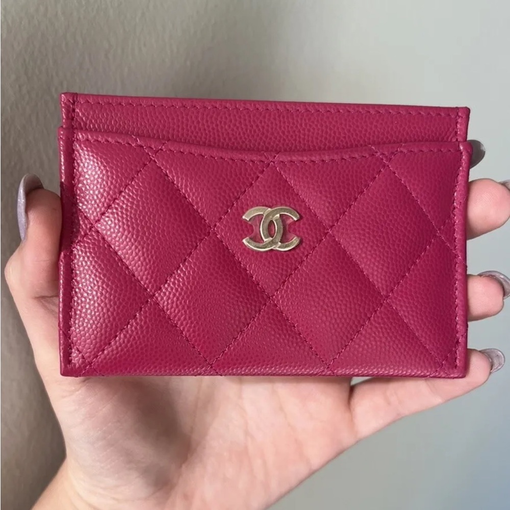 Authentic Chanel Flat Card Case - Full Set Gift - Pink Fuchsia Caviar classic